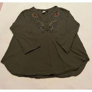 Anthropologie green cotton long sleeve top with embroidered detail